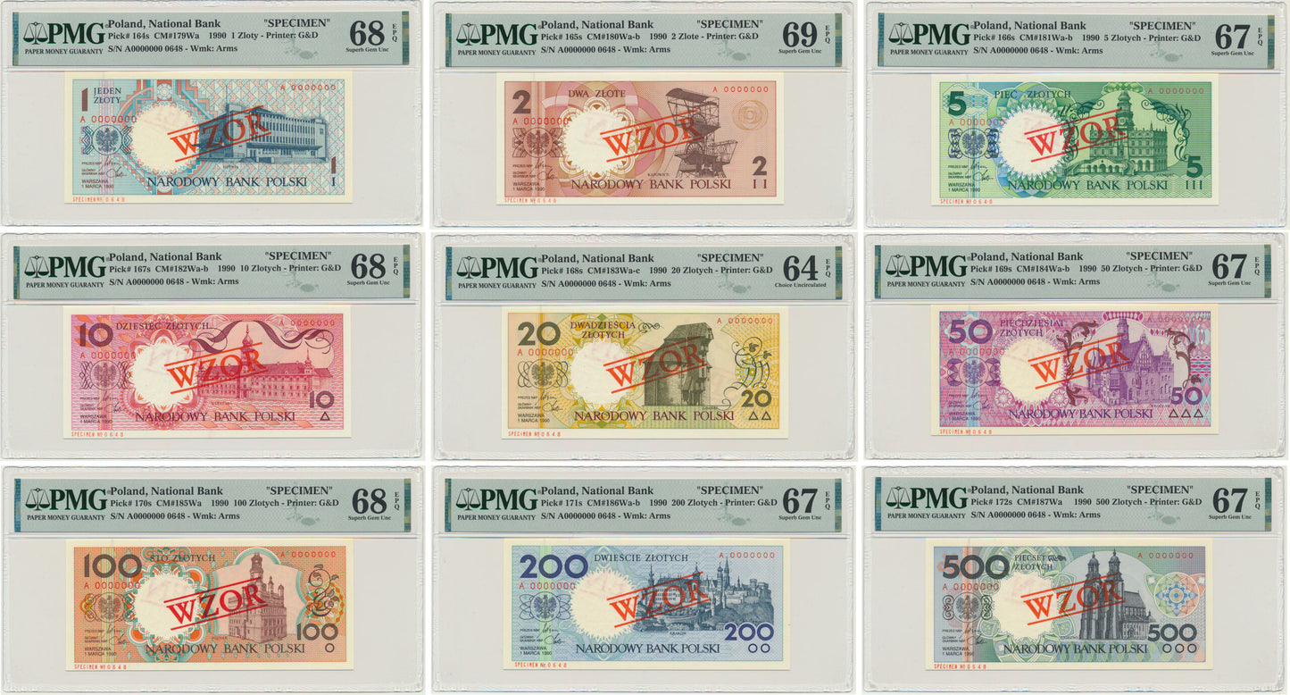 Komplet Miasta Polski z nadrukiem WZÓR/SPECIMEN No 0648 (9szt.) – PMG 64-69 EPQ